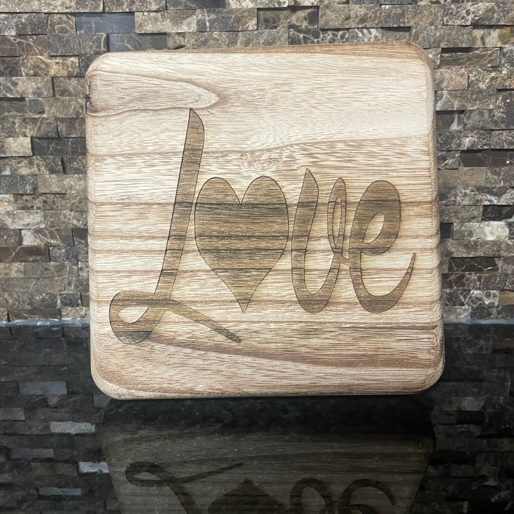 Small Wooden Stand with Legs and Laser Engraved “Love”
